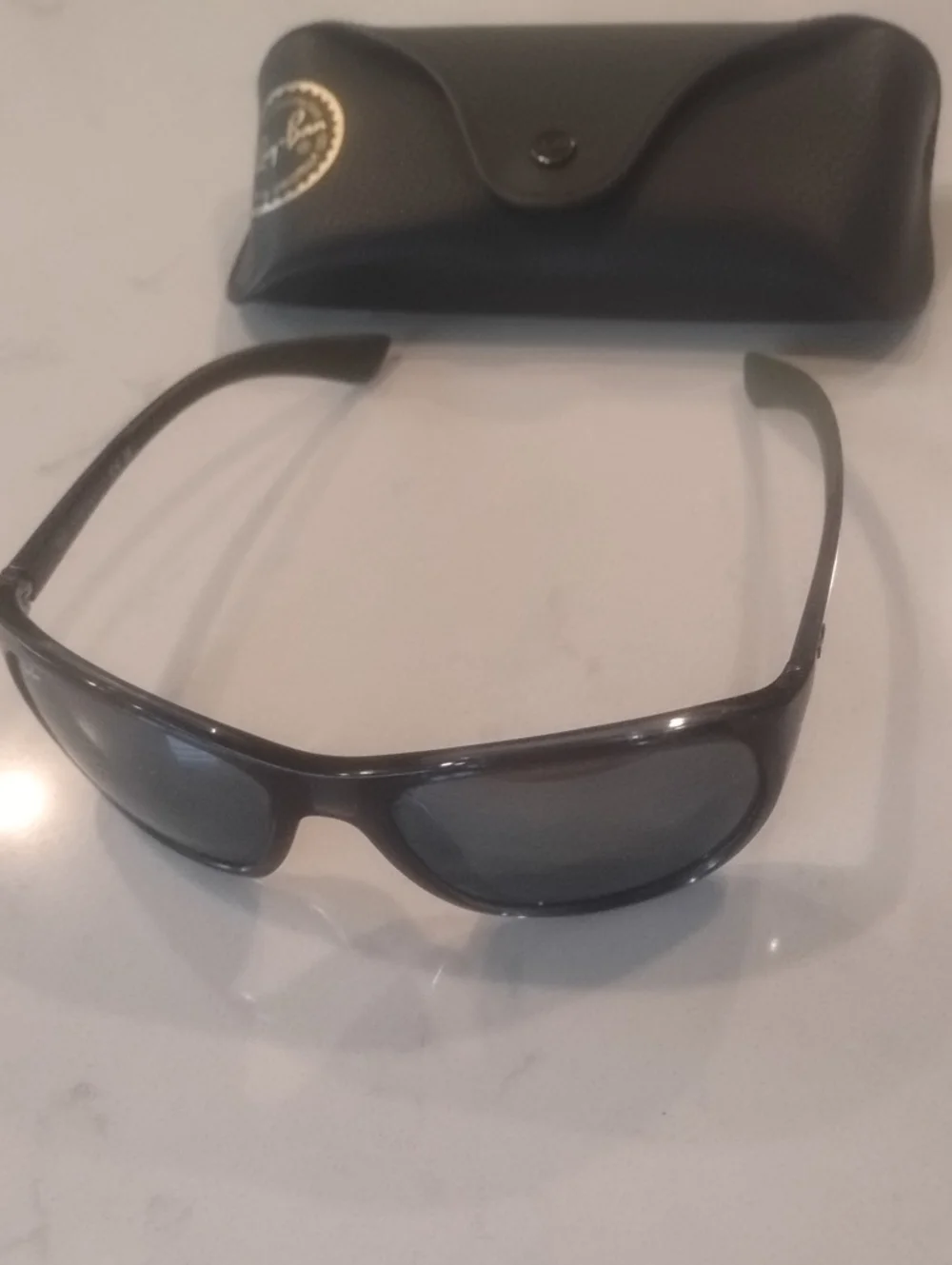 Ray-Ban Glossy Blue Wrap Sunglasses with Dark Gray Lenses